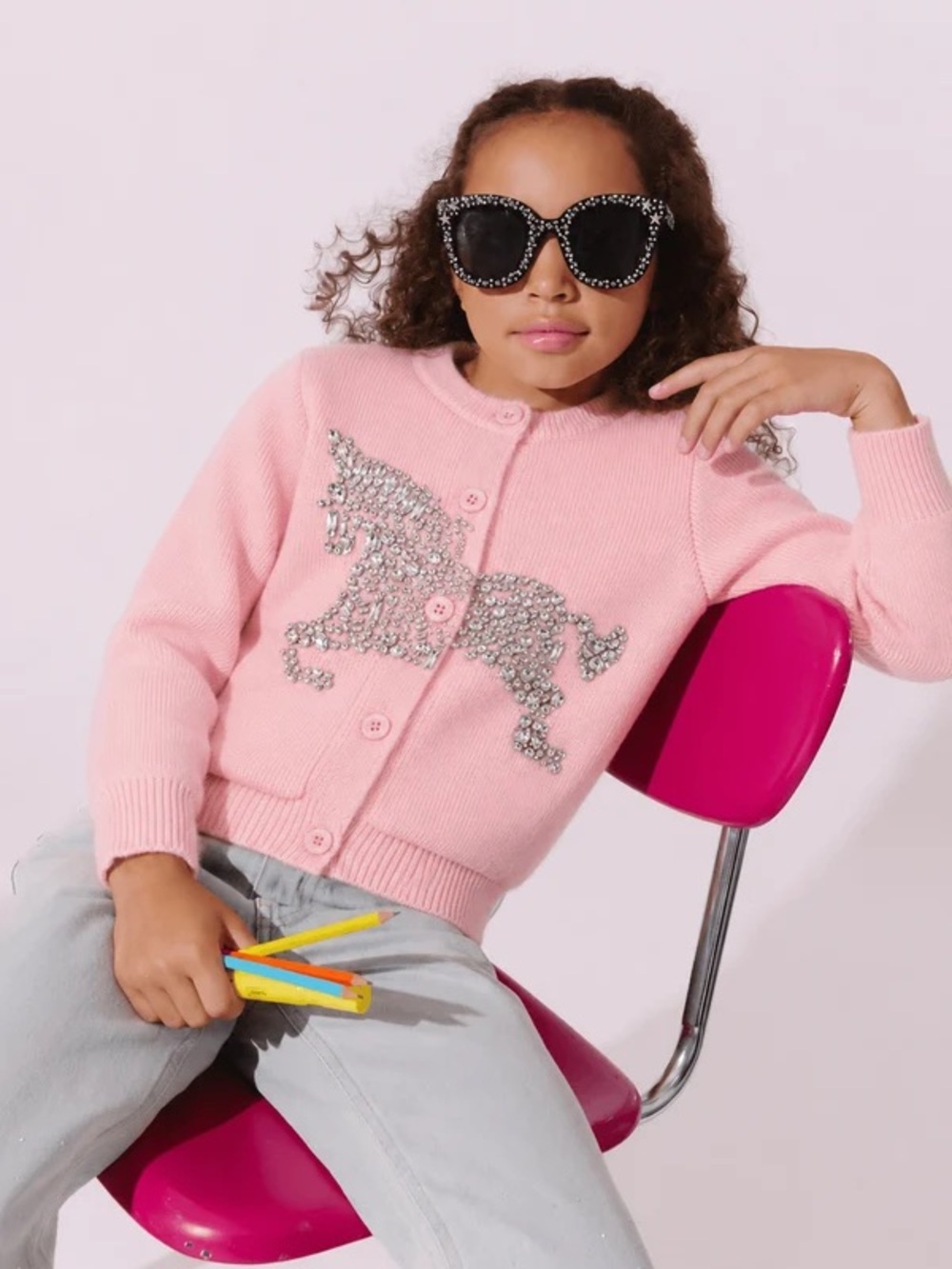 Lola + The Boys Pink Crystal Unicorn Cardigan